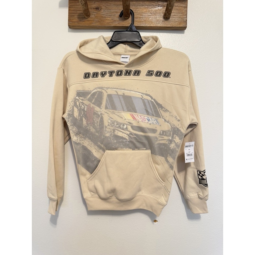 NASCAR Daytona 500 Graphic Pullover Hoodie Men's Size XS Beige Fleece Hooded Car